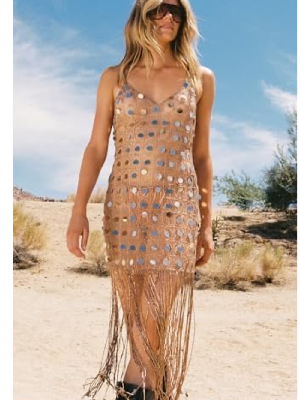NWT NASTY GAL Women's Hand Embellished Disc Beaded Tassel Beach Dress